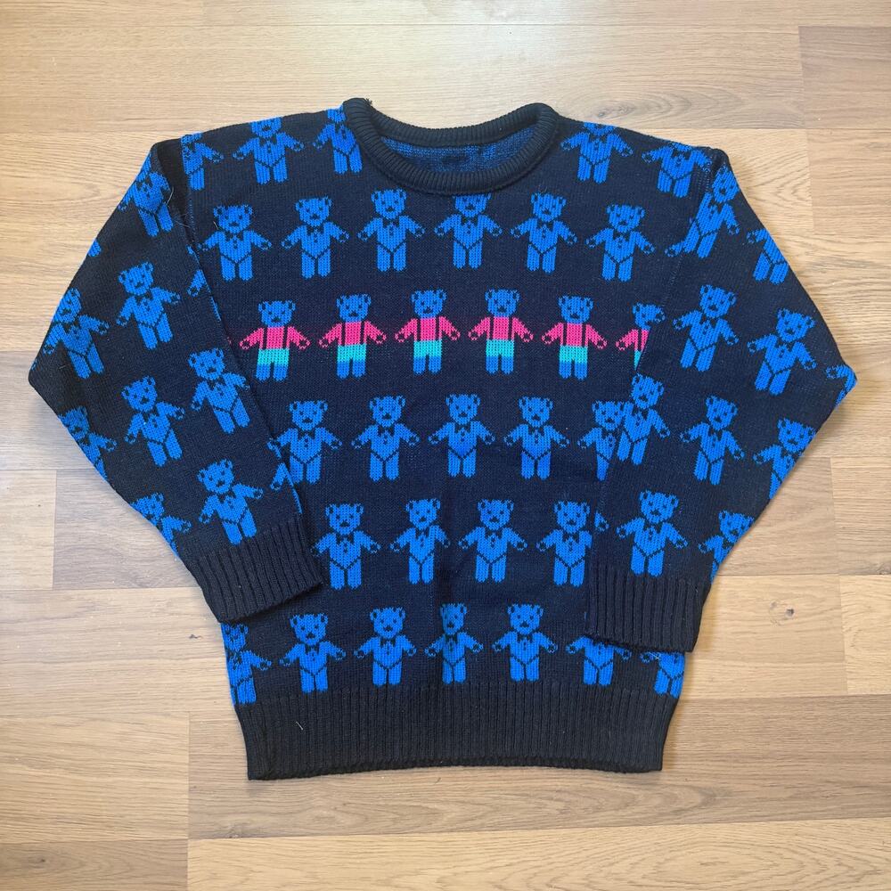 Women's Vintage 80's Teddy Bear Black Blue Knit Crewneck Pullover Sweater Sz M